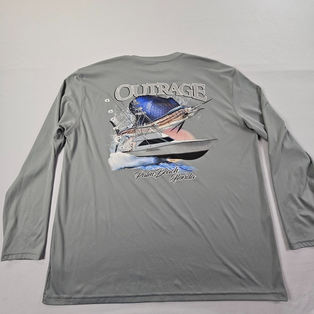 Outrage Fishing Boat Palm Beach FL Gray Long Sleeve Performance T-Shirt Men's XL
